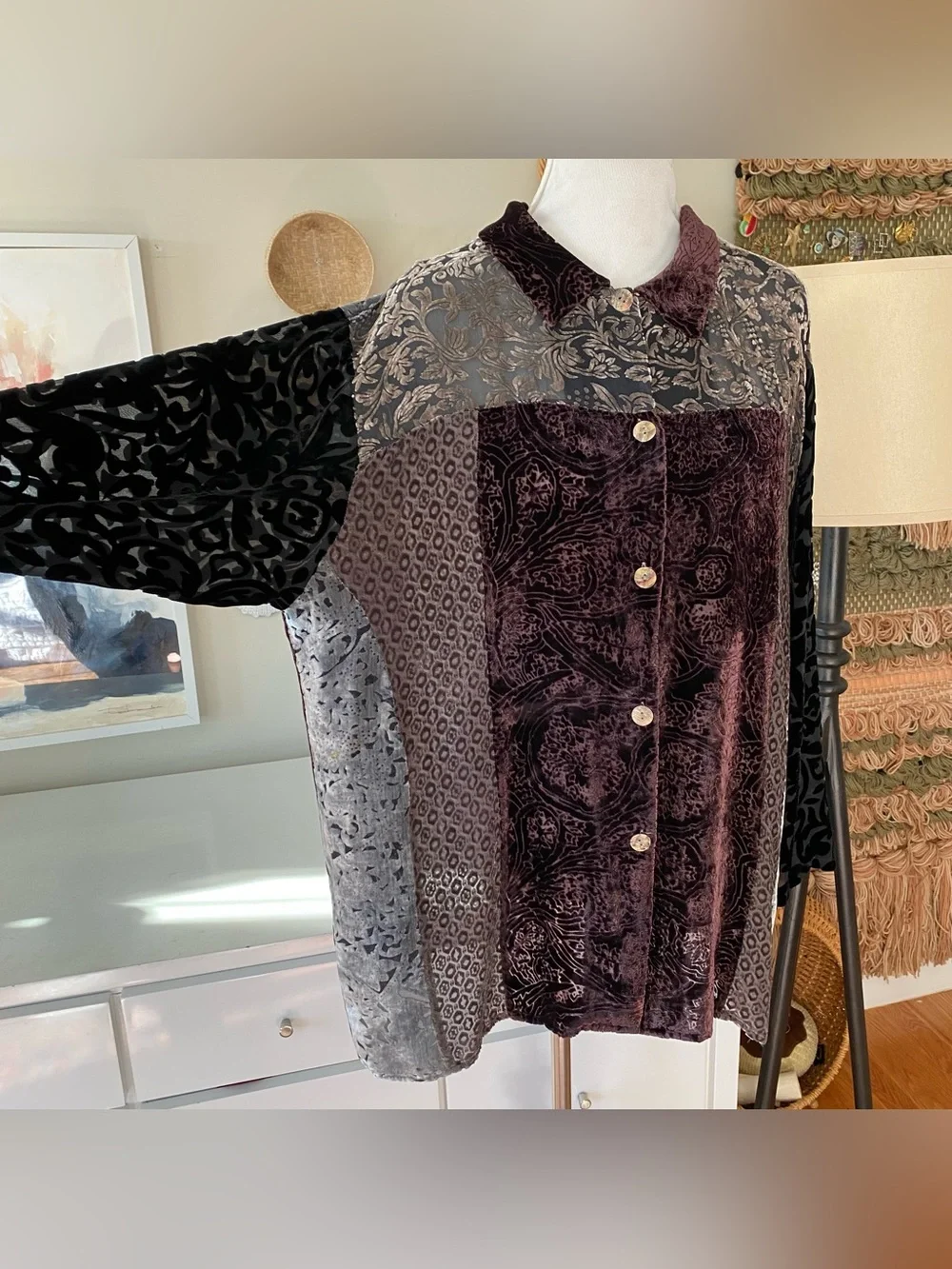 Citron Santa Monica 100% Silk Velvet Burnout Button Down Blouse Size L